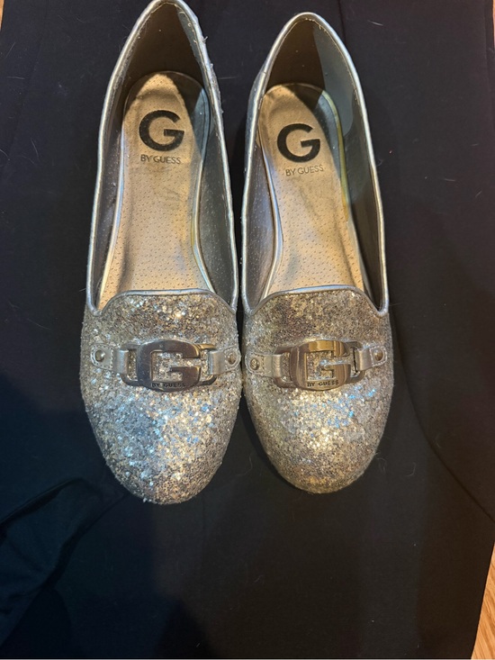 G by Guess Shoes - G by Guess Silver Glitter Slip-On Loafers with Logo Buckle